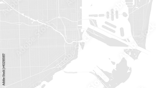 Light grey and white Miami city area vector background map, streets and water cartography illustration.