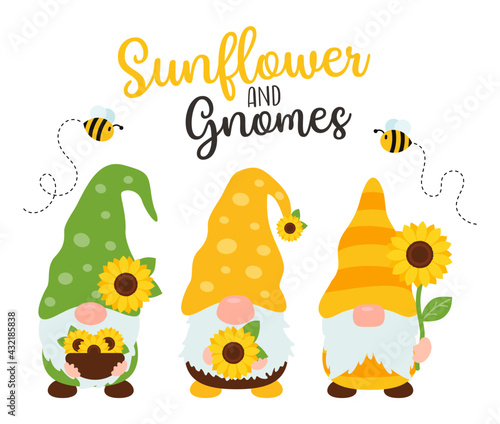 Sunflower gnomes. Vector gnomes wearing bees holding sunflowers.