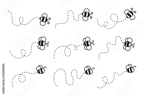 Bee flying path. A bee flying in a dotted line The flight path of a bee to honey.