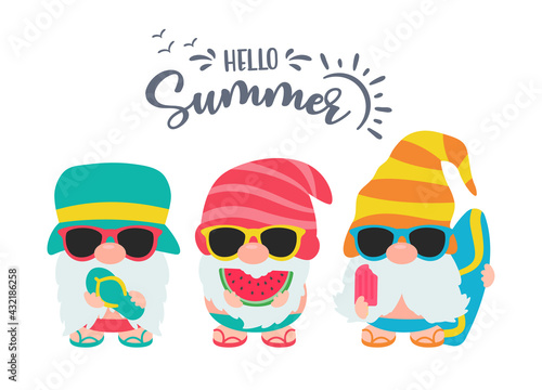 Gnomes Summer. Gnomes wear hats and sunglasses for summer trips to the beach.
