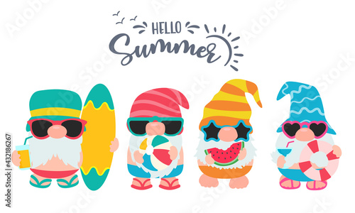 Gnomes Summer. Gnomes wear hats and sunglasses for summer trips to the beach.