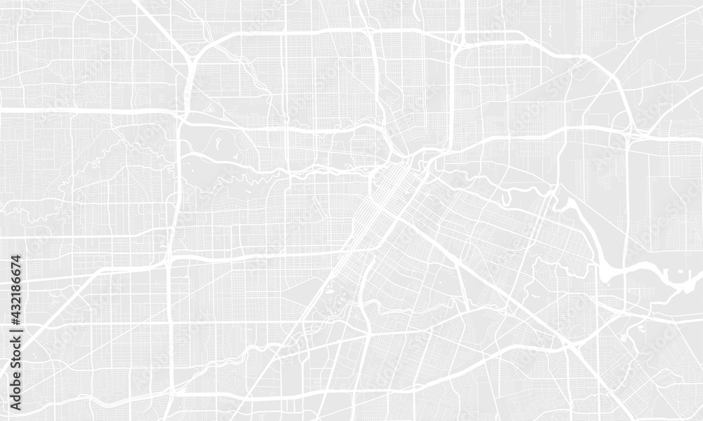 Light grey and white Houston city area vector background map, streets and water cartography illustration.