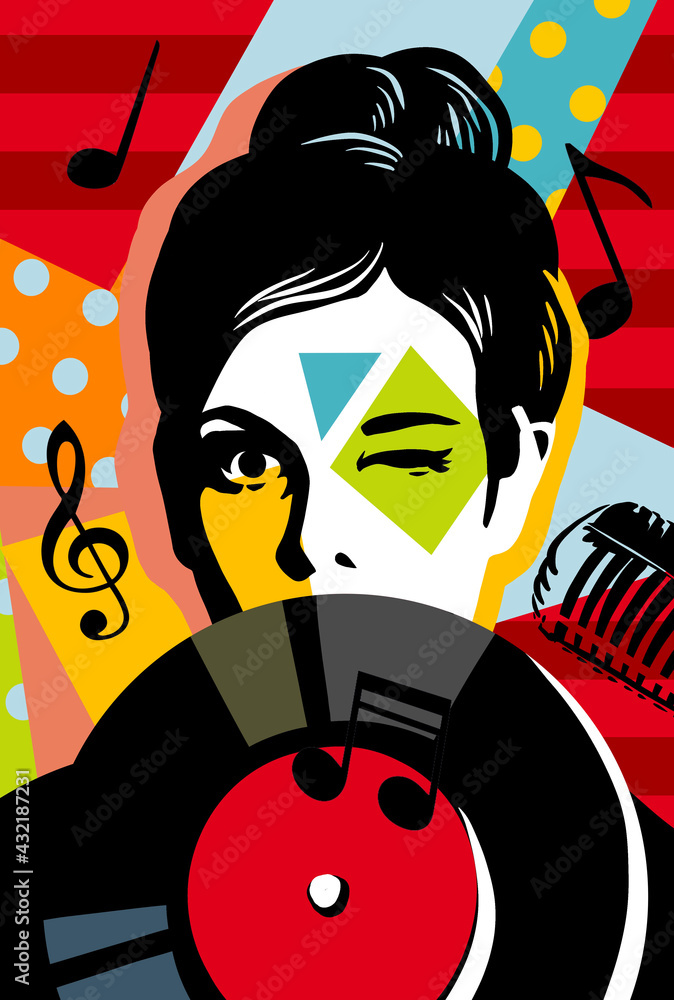 Woman with music plate. Pop art microphone. Music standup concert radio  podcast blog. Comic cartoon pop art retro illustration drawing. Trendy pop- art cover Stock Vector | Adobe Stock