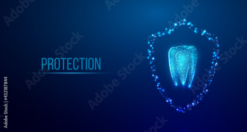 Tooth. Abstract wireframe low poly style banner. Dentistry services, teeth treatment, dental care, stomatology concept.