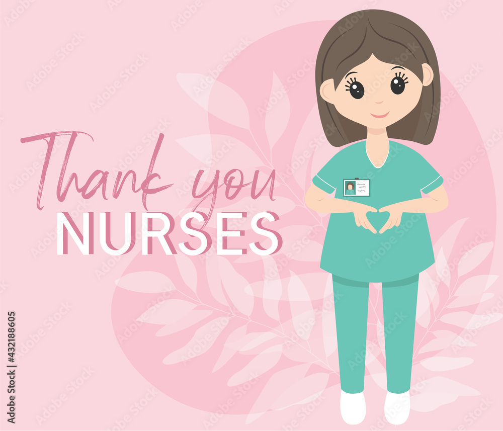 International nurse day 12 may. Happy female nurse in uniform. Pink and mint colors. Card format with lettering. Make heart sign with hands. Thank you nurses. International nurse day 12 may. Happy female nurse in uniform. Pink and mint colors. Card format with lettering. Make heart sign with hands. Thank you nurses.