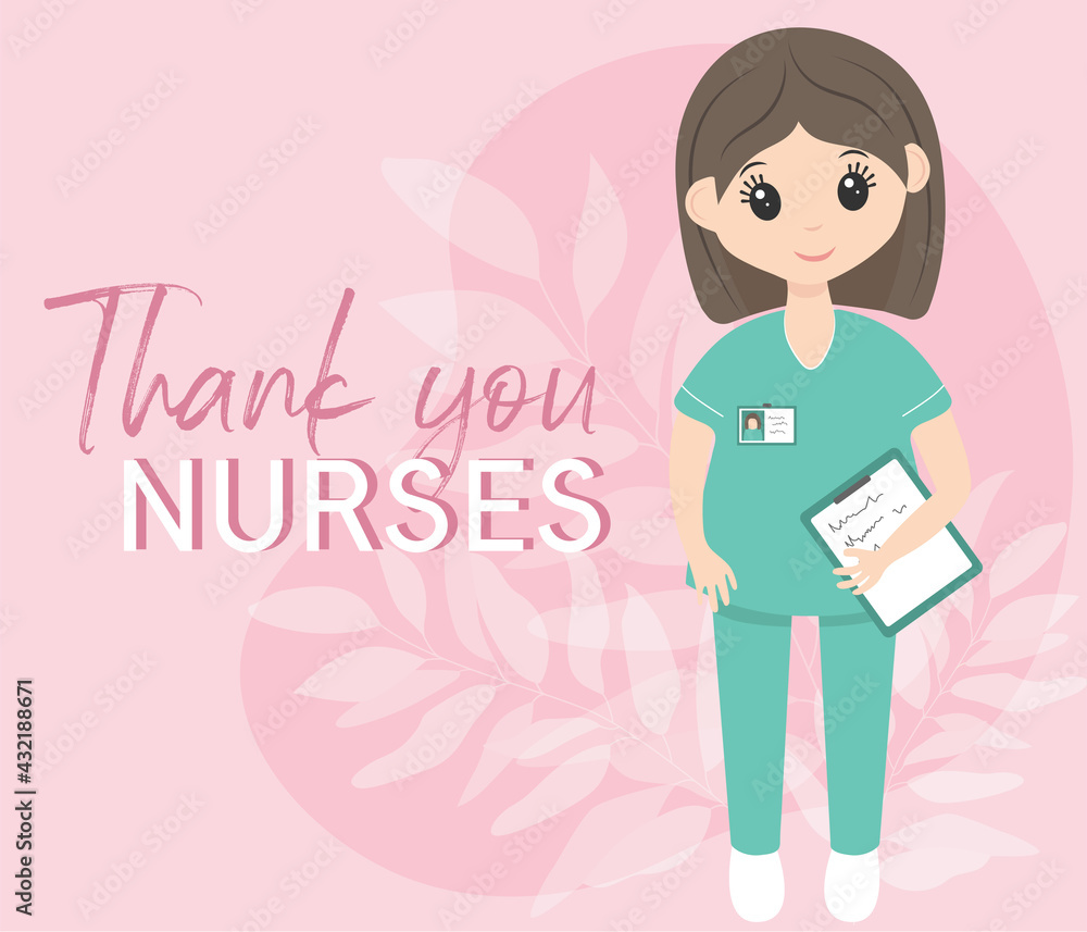International nurse day 12 may. Happy female nurse in uniform. Pink and mint colors. Card format with lettering. Thank you nurses.