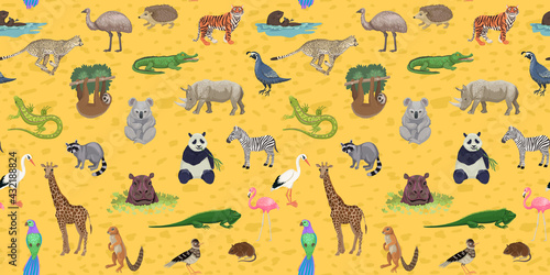 Seamless pattern with wild exotic animals, mammals and birds, rainforest and savannah fauna. Vector illustration