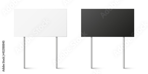 Black and white blank boards with place for text, protest sign. Realistic demonstration or advertising banner. Strike action cardboard placard mockup. Vector illustration.