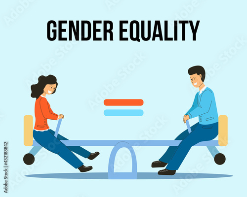 Gender equality is like a swing at the same height. Man and woman on a swing.