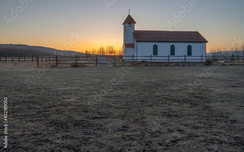 Sunrise on McDougall Church on the Stoney Nakoda Nation at Morley, Alberta, Canada