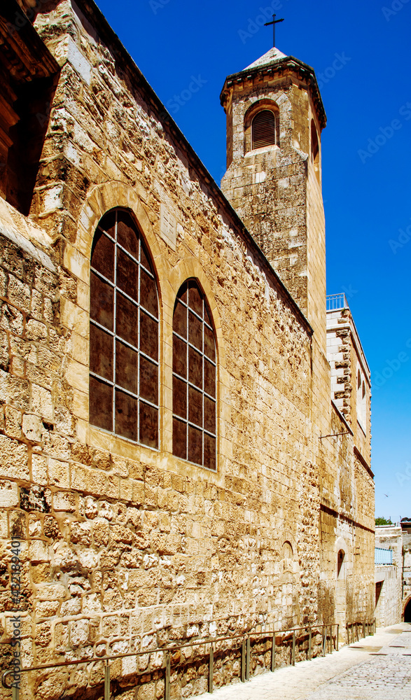 Fototapeta premium walls of the Franciscan monastery on Via Dolorosa in the old city of Jerusalem