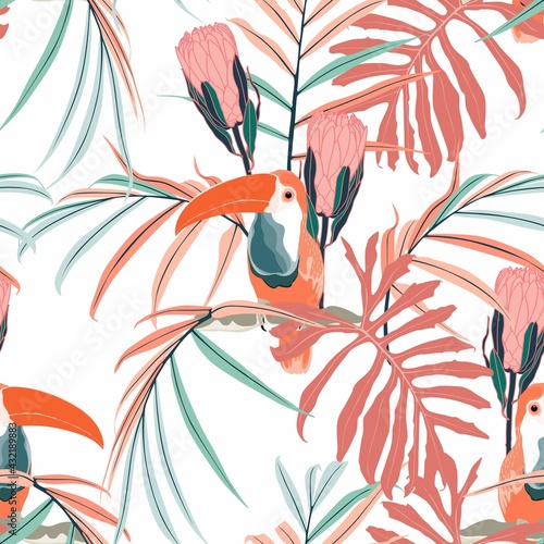 Toucans, coral protea flowers, palm leaves, white background. Floral seamless pattern. Tropical illustration. Exotic plants, birds. Summer beach design. Orange color backdrop.
