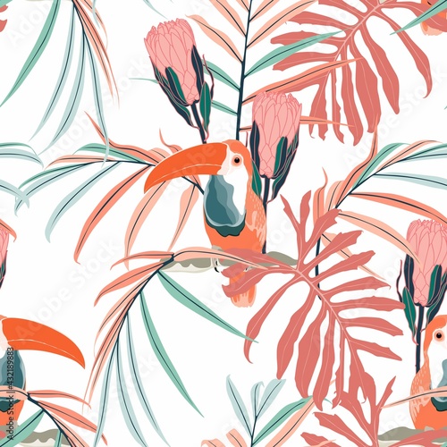 Toucans  coral protea flowers  palm leaves  white background. Floral seamless pattern. Tropical illustration. Exotic plants  birds. Summer beach design. Orange color backdrop.