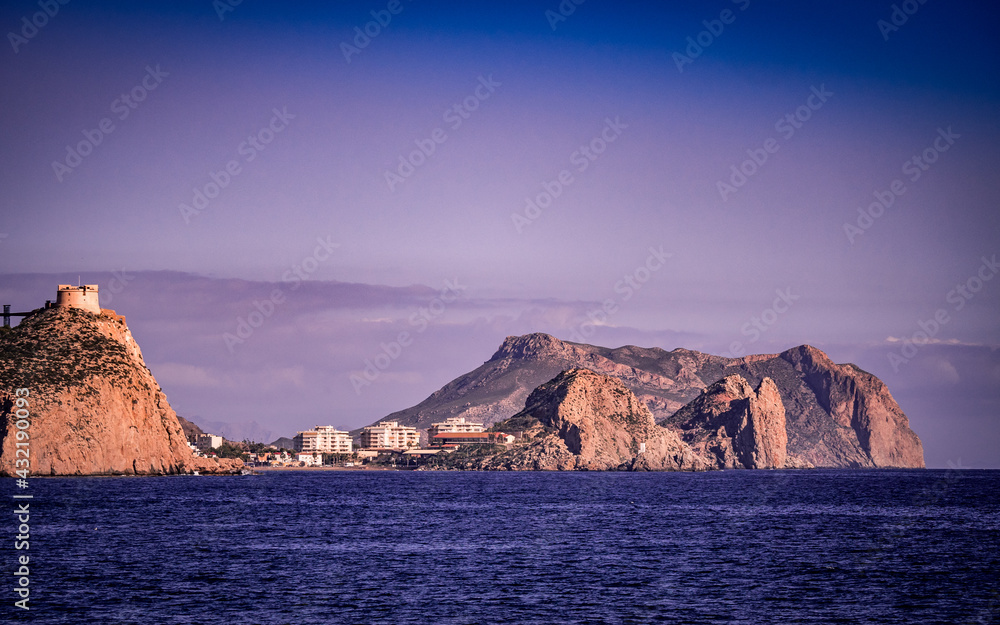 Coastline with castle on cliff, Aguilas, Spain