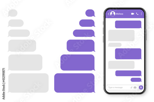 Realistic smartphone with messaging app. Blank SMS text frame. Messenger chat screen with violet message bubbles. Social media application. Vector illustration.