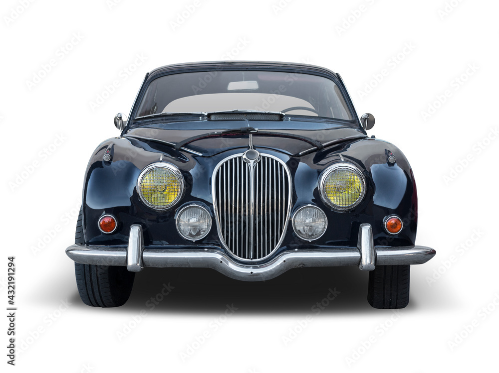 Classic British car front view, isolated on white background	
