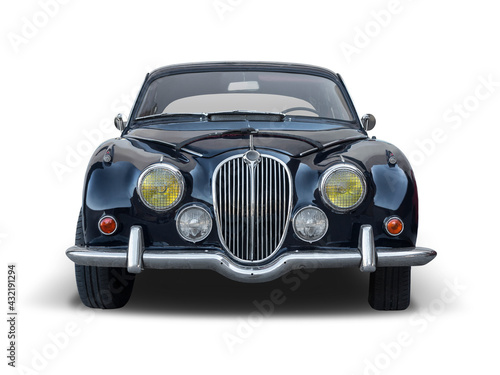 Classic British car front view, isolated on white background	
