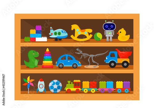 children's toys on the shelf. Constructor, train, doll, cars, dinosaur skeleton, dragon, rocket and balls.