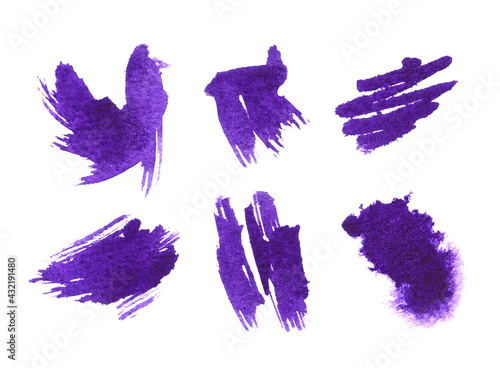 Purple watercolor spot set. Bright textured watercolor abstract background.
