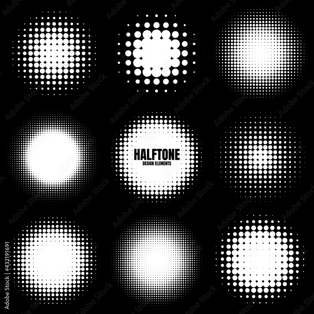 Circle halftone design elements with white dots. Comic dotted pattern.Vector illustration.