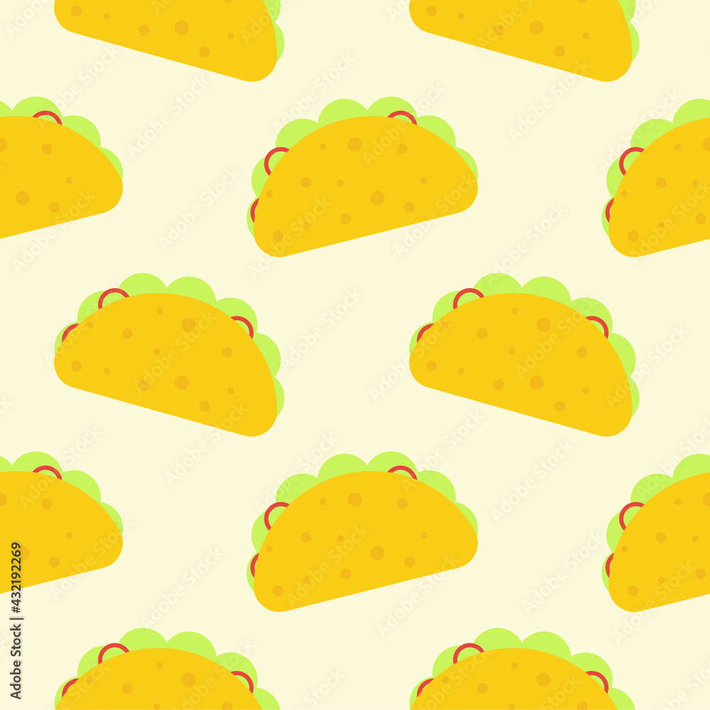 Fototapeta premium taco flat design seamless pattern. Vector illustration of art. Vintage background. Kitchen and restaurant design for fabrics, paper. Traditional Mexican food background. Tomato and fresh meat.