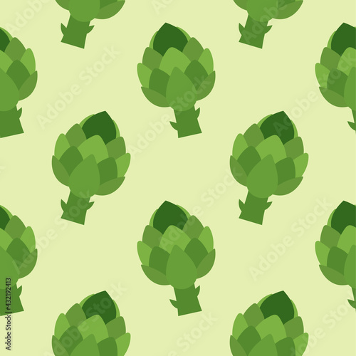 artichoke flat design seamless pattern. Seamless pattern with leaves and vegetable. Vector illustration of art. Vintage background. Kitchen and restaurant design for fabrics, paper