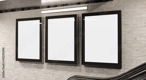 Three vertical billboards on underground wall Mockup. Hoardings advertising triptych on subway wall 3D rendering