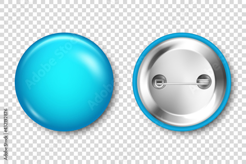 Realistic blue blank badge isolated on transparent background. Glossy 3D round button. Pin badge, brooch mockup for product promotion and advertising. Vector illustration.
