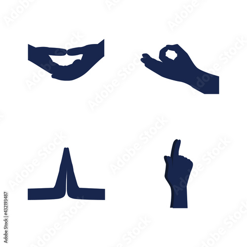 Set of mudra silhouettes isolated on the white background. Vector illustration, eps 10