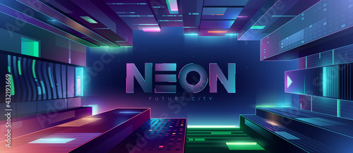 Bottom up view of the futuristic night neon city. Retro wave and cyberpunk style illustration. Cityscape on a dark background with bright and glowing neon purple and blue lights