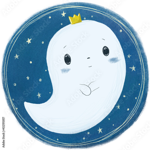 Raster illustration of a cute baby ghost with crown in a round background with stars.  Raster illustration, clipping path insluded.  photo