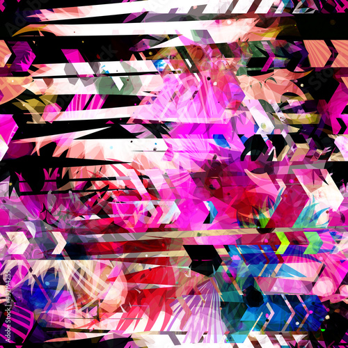 Abstract seamless texture with floral elements, arrows, stripes. Pink, white, black, blue colors. Abstract vector background for web page, banners backdrop, fabric, home decor, wrapping, girls design