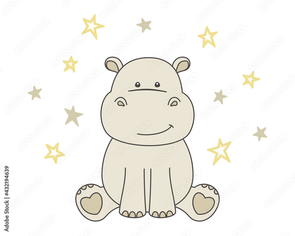 Beige little hippo and small stars isolated on white background. Cute hippopotamus, behemoth. Vector illustration, design template for poster, greeting card, banner, printing on kids t-shirt, apparel Beige little hippo and small stars isolated on white background. Cute hippopotamus, behemoth. Vector illustration, design template for poster, greeting card, banner, printing on kids t-shirt, apparel