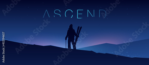 Skier stands on the top of the mountain. Wide view of night mountains in neon light