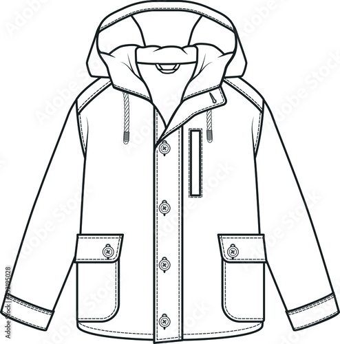 COAT, Fashion flat sketch. Technical drawing APPAREL template. WATER REPELLENT FOR KIDS.