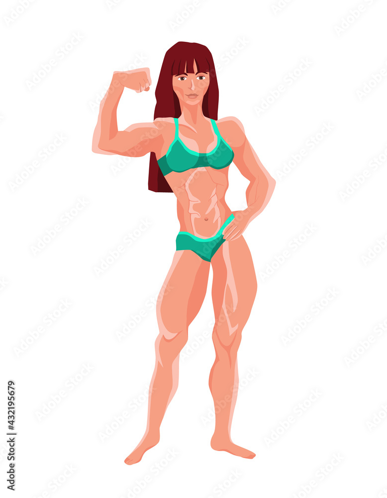 A muscular woman in a swimsuit poses. Bodybuilding composition with isolated female character. Cartoon vector illustration in flat style.