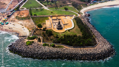 Arial view of Shore Temple of Mahabalipuram. The Shore Temple is so named because it overlooks the shore of the Bay of Bengal. It is located near Chennai in Tamil Nadu.