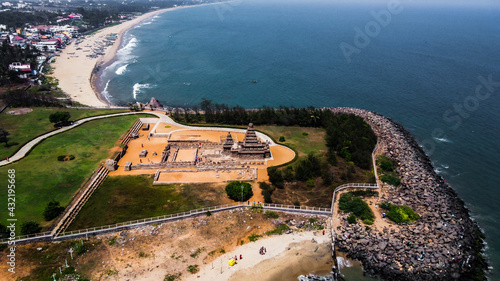 Arial view of Shore Temple of Mahabalipuram. The Shore Temple is so named because it overlooks the shore of the Bay of Bengal. It is located near Chennai in Tamil Nadu.
