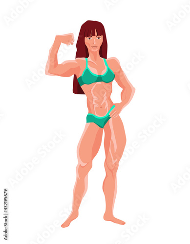 A muscular woman in a swimsuit poses. Bodybuilding composition with isolated female character. Cartoon vector illustration in flat style.