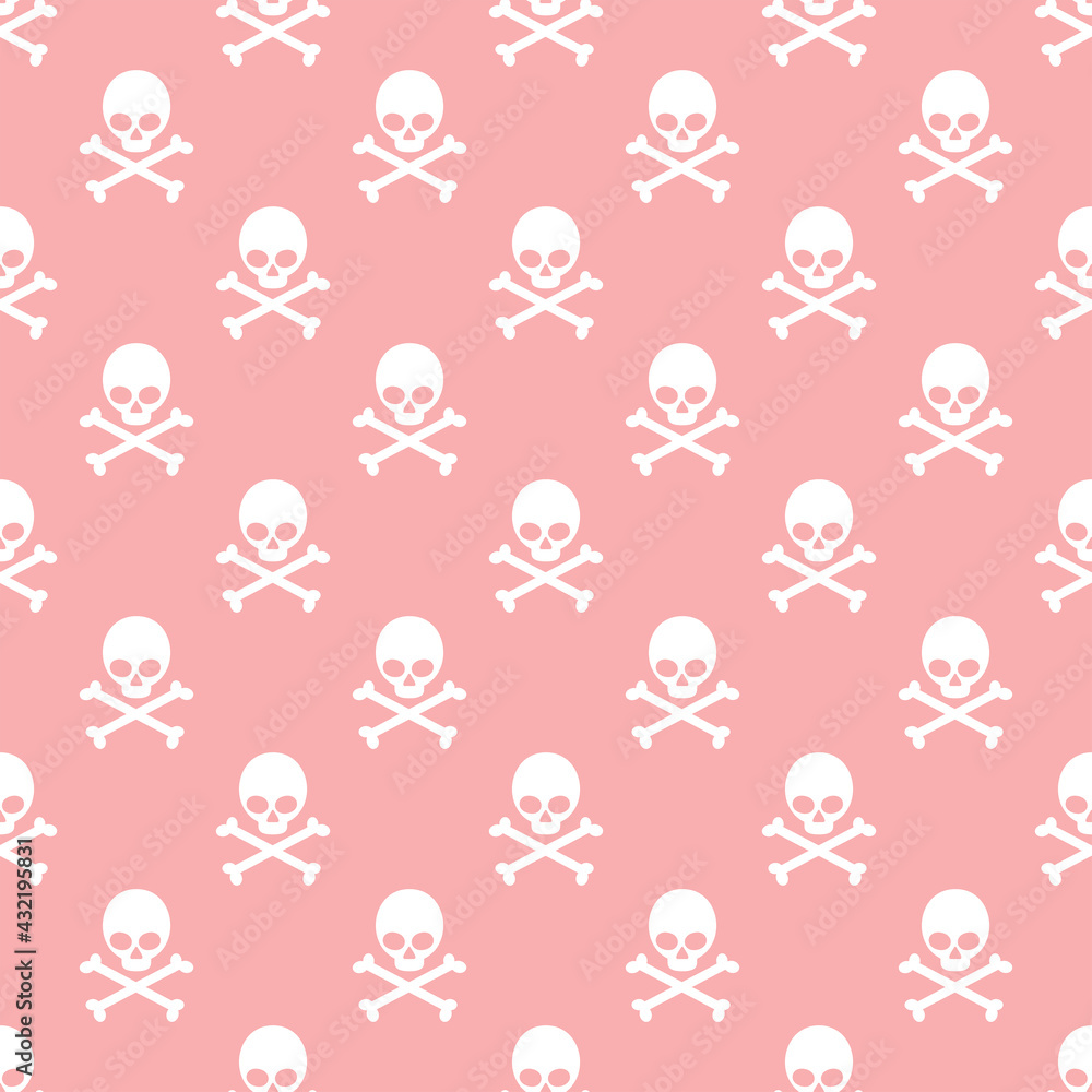 Seamless pattern with white skulls and crossbones on a pink background. Illustration for a cover, a poster or a textile design. Save with the Clipping Mask.