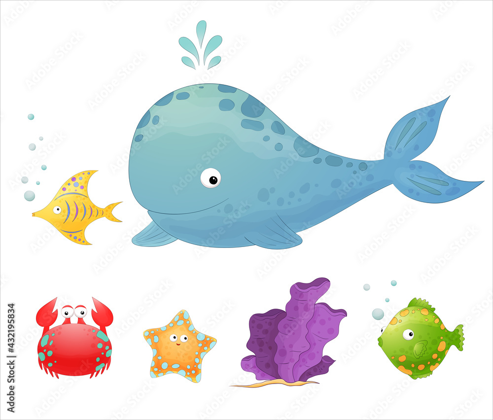 Naklejka premium Cartoon sea animals. Underwater wildlife. Cute whale, fish, crab, corals. Ocean life, marine animals set. Sea story colorful collection. Blue whale splashing water. Funny ocean animals. Marine clipart