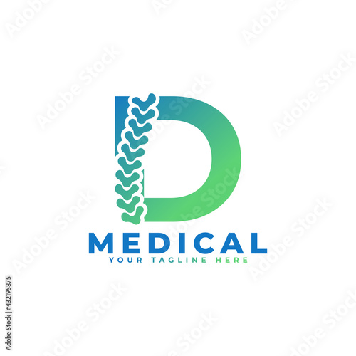 Letter D with Icon Spine Logo. Usable for Business, Science, Healthcare, Medical, Hospital and Nature Logos.