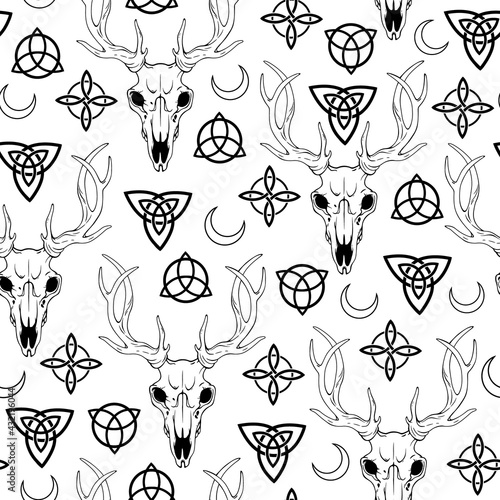 seamless illustration featuring deer skull and scandinavian patterns