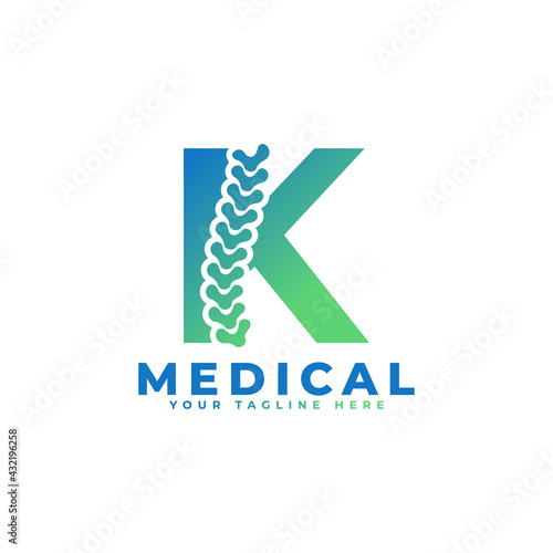 Letter K with Icon Spine Logo. Usable for Business, Science, Healthcare, Medical, Hospital and Nature Logos.