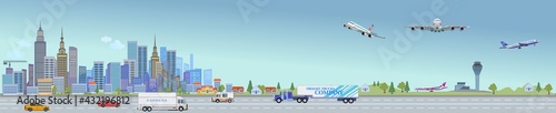 Urban landscape street with city office buildings and car. Airplane Airport Air Fly