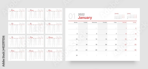 Monthly calendar for 2022 year. Week Starts on Monday.