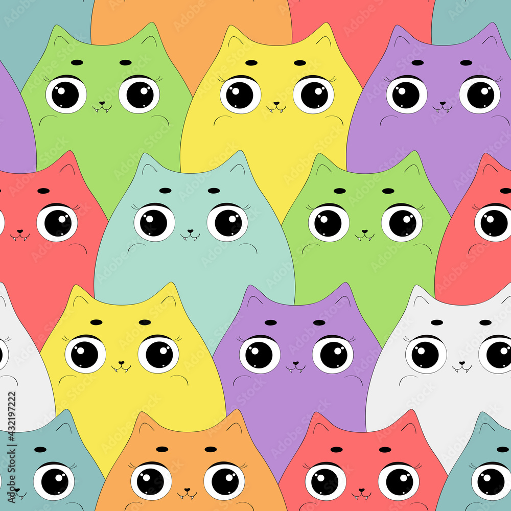 Naklejka premium Cats pattern. Cartoon cute animals print. Kawaii style cat print. Textile, fabric cats background. Funny kitten color seamless backdrop. Funny cats repeat wallpaper, animal texture. Pets illustartion