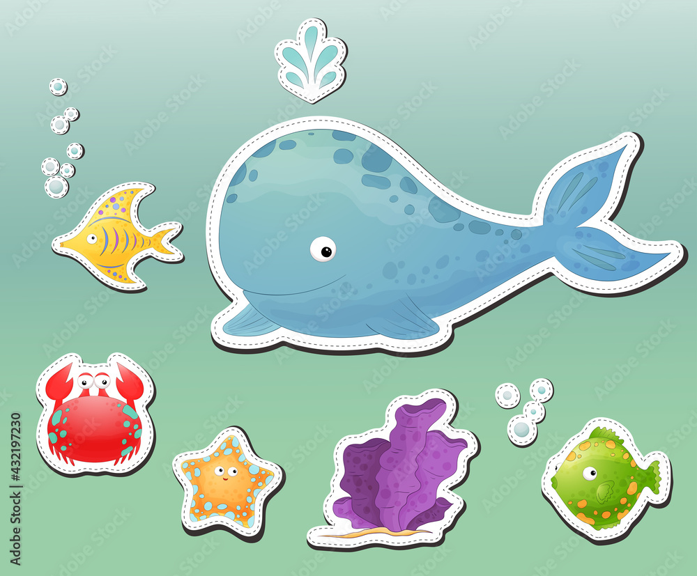 Cartoon sea animals stickers. Underwater wildlife. Cute whale, fish, crab, corals. Ocean life stickers. Sea story colorful marine collection. Blue whale splashing water. Funny ocean animals icons. 
