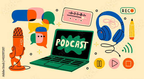 Headphones, microphone, laptop, equalizer, speech bubbles. Podcast recording and listening, broadcasting, online radio, audio streaming service Concept. Hand drawn Vector isolated illustrations