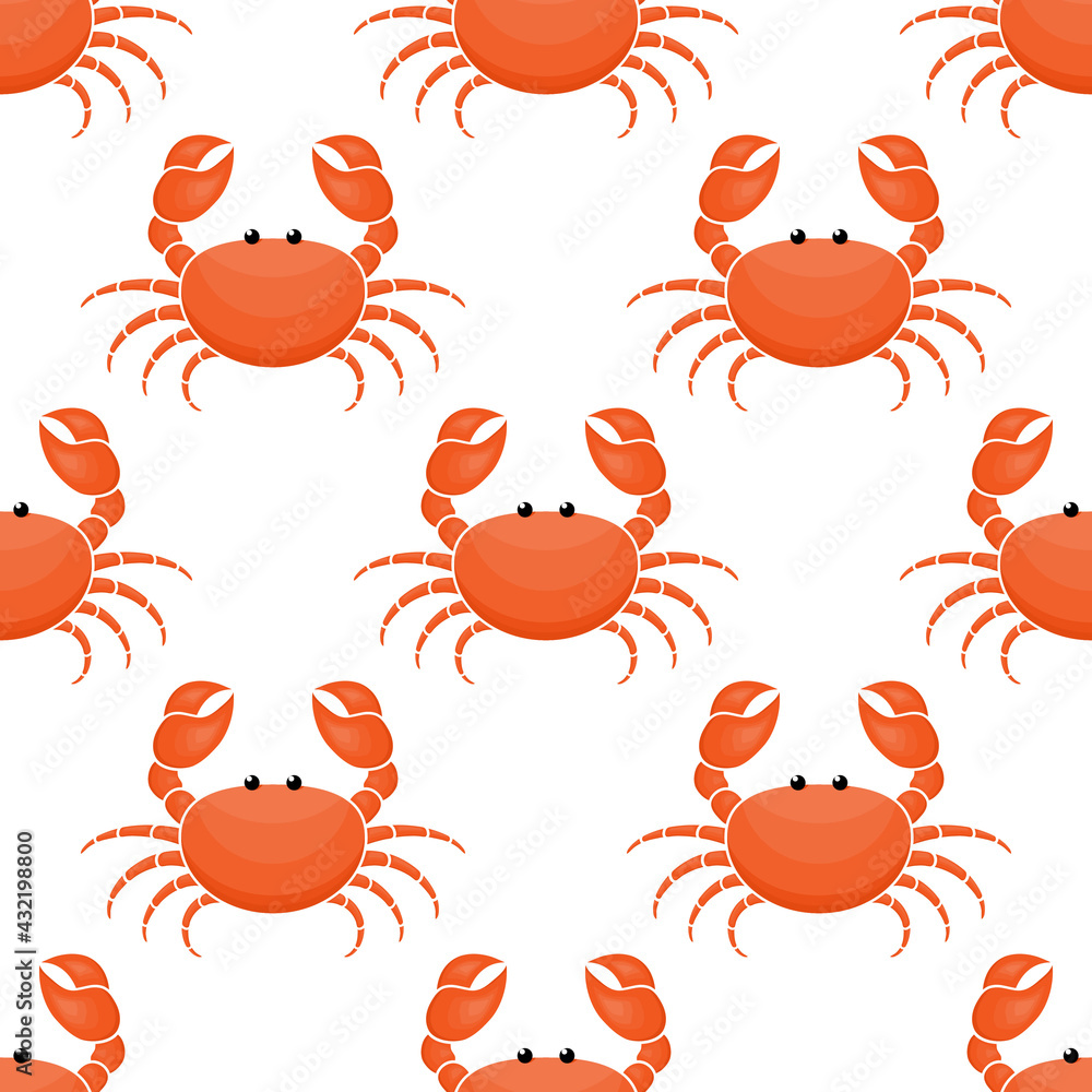 Crab cute pattern background. Seafood seamless pattern. Vector underwater illustration on white